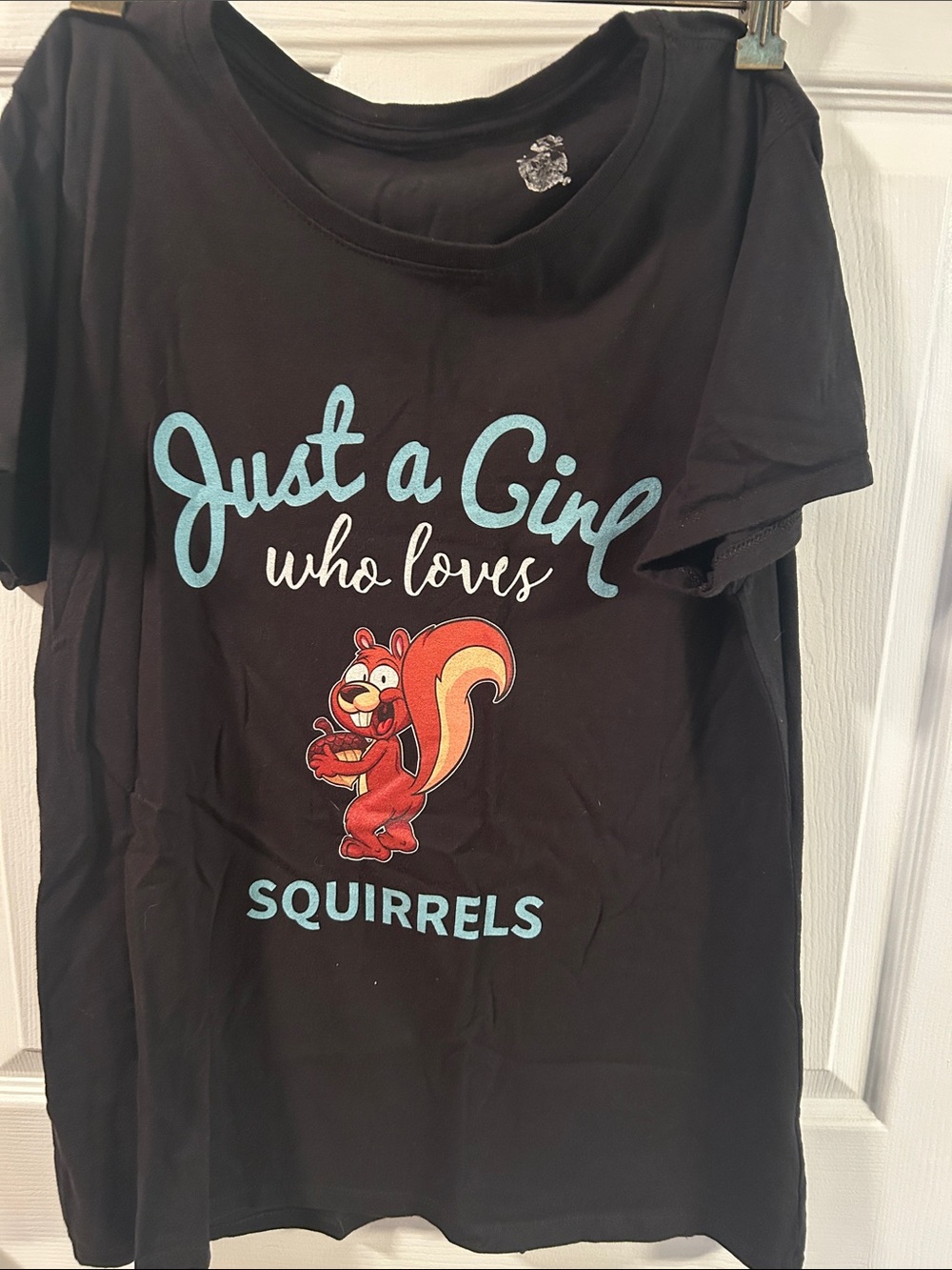 Source Unknown Black Tee with Aqua Script and Red-Orange Squirrel Graphic